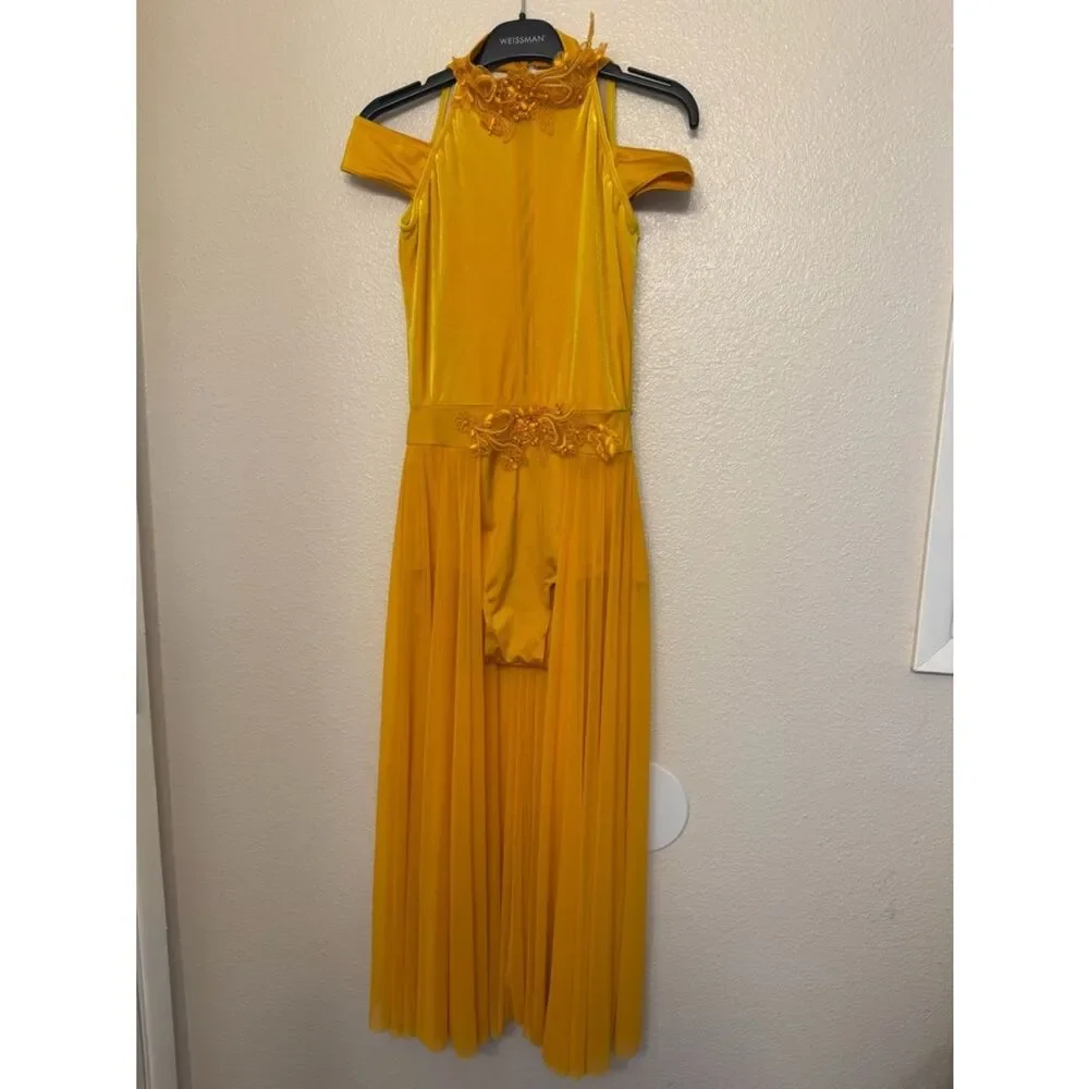 WEISSMAN Dance Costume yellow velvet maxi appliqué dress WASTE OF TIME 10984 SA